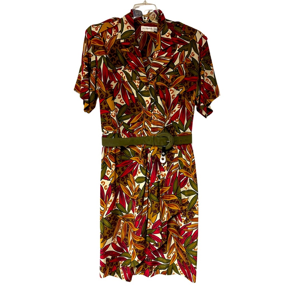 Vintage Liz Claiborne 80s Red Brown Green Leaf Pattern Button Dress, Belt Sz 12